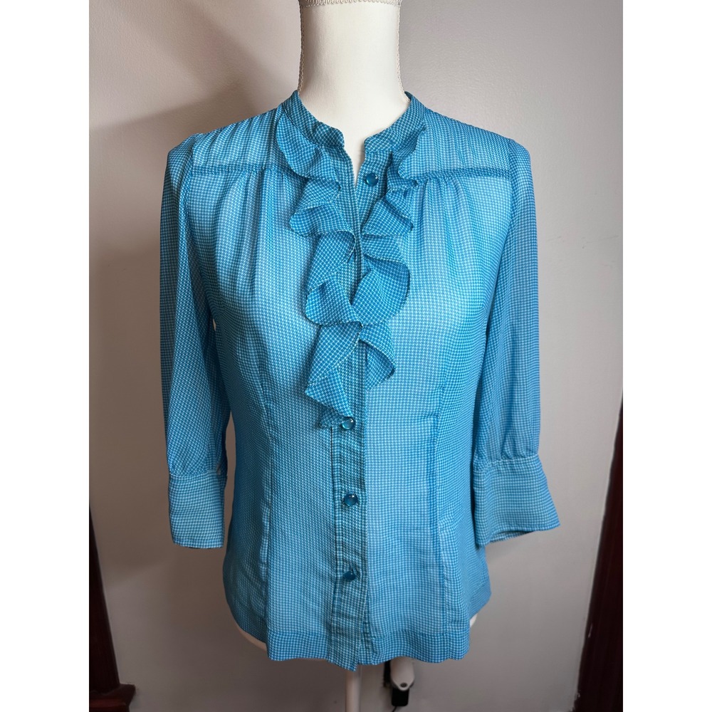 Banana Republic Turquoise Houndstooth Ruffle Front Blouse 3/4 Sleeve Size 2